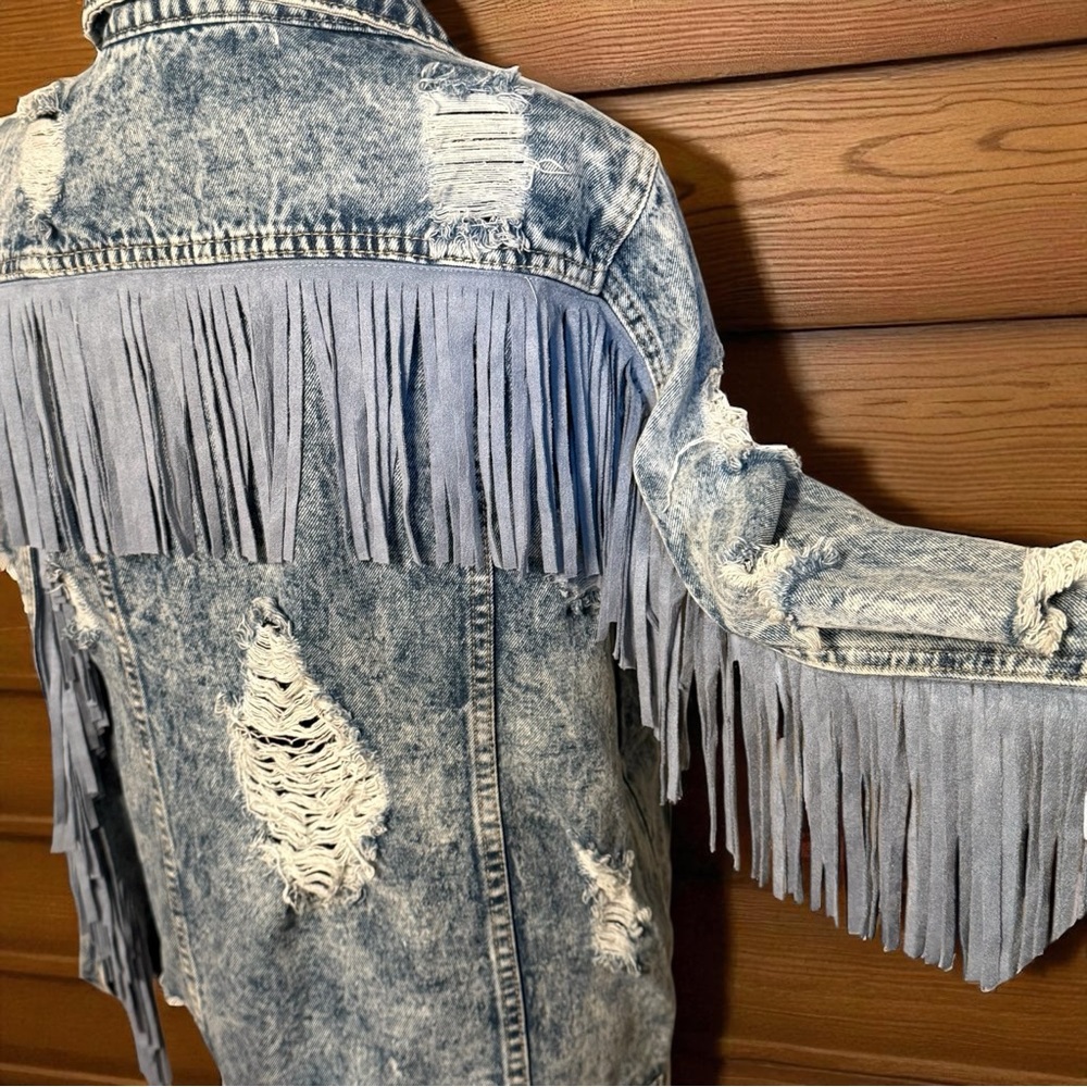 Fantastic Fawn Jean Jacket Distressed  Fringe Sleeve Women’s Size Small